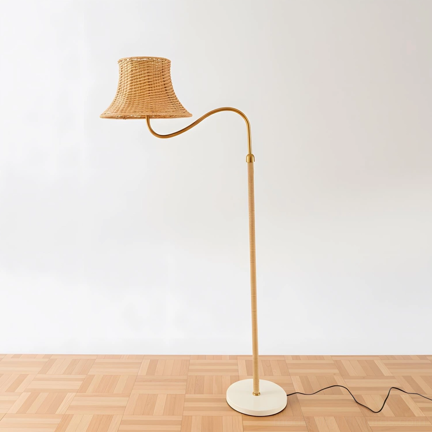 Willowen bohemian rattan arc floor lamp full product view showing curved arm and hand-woven natural shade