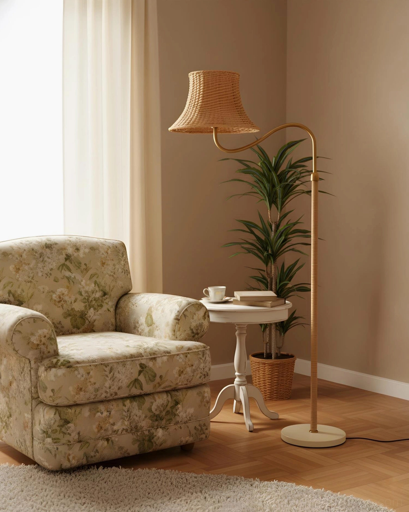 Willowen arc rattan floor lamp in cozy living room setting with floral armchair and warm neutral décor