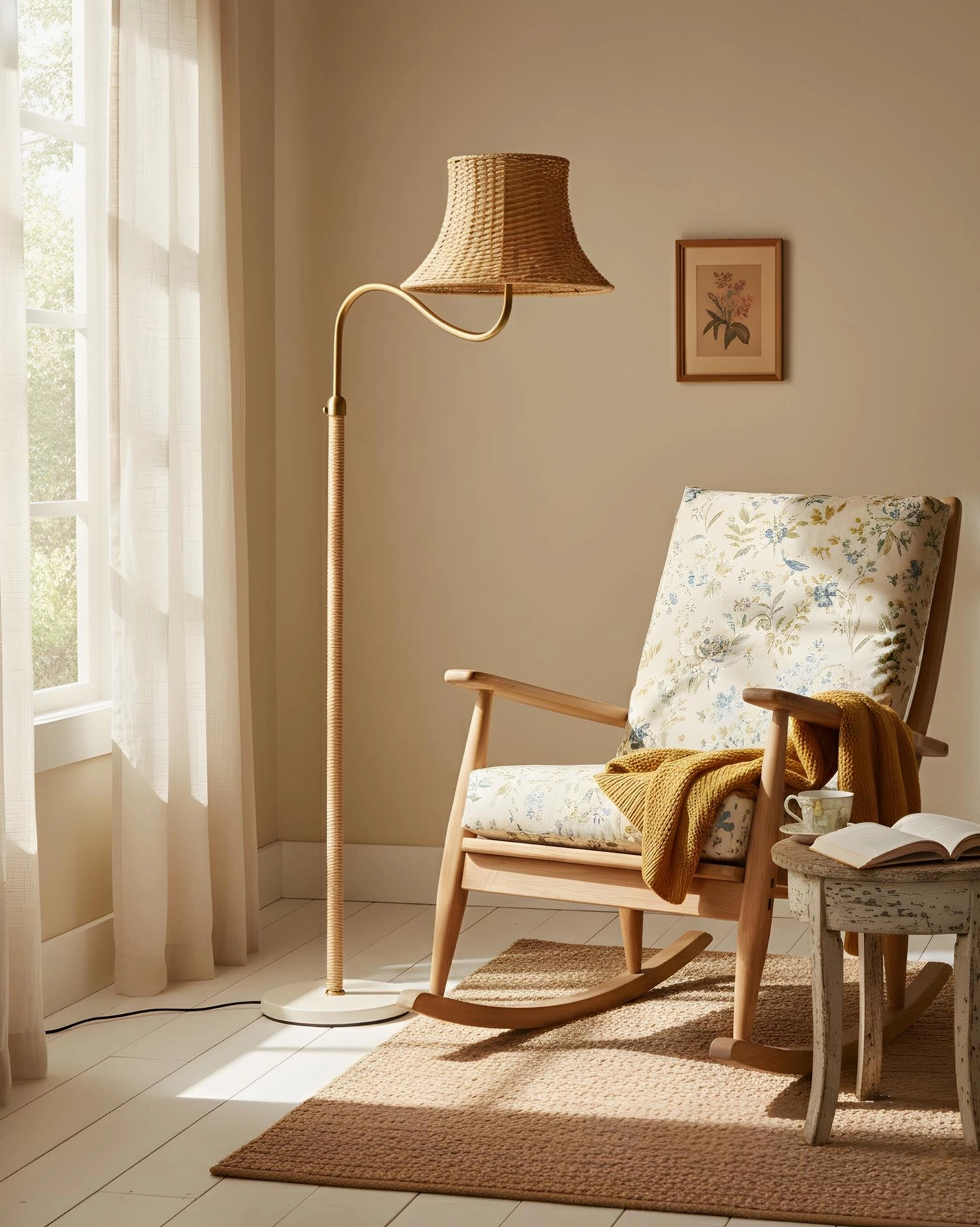 Willowen rattan arc floor lamp in sunlit reading corner with natural woven shade and gold metal pole