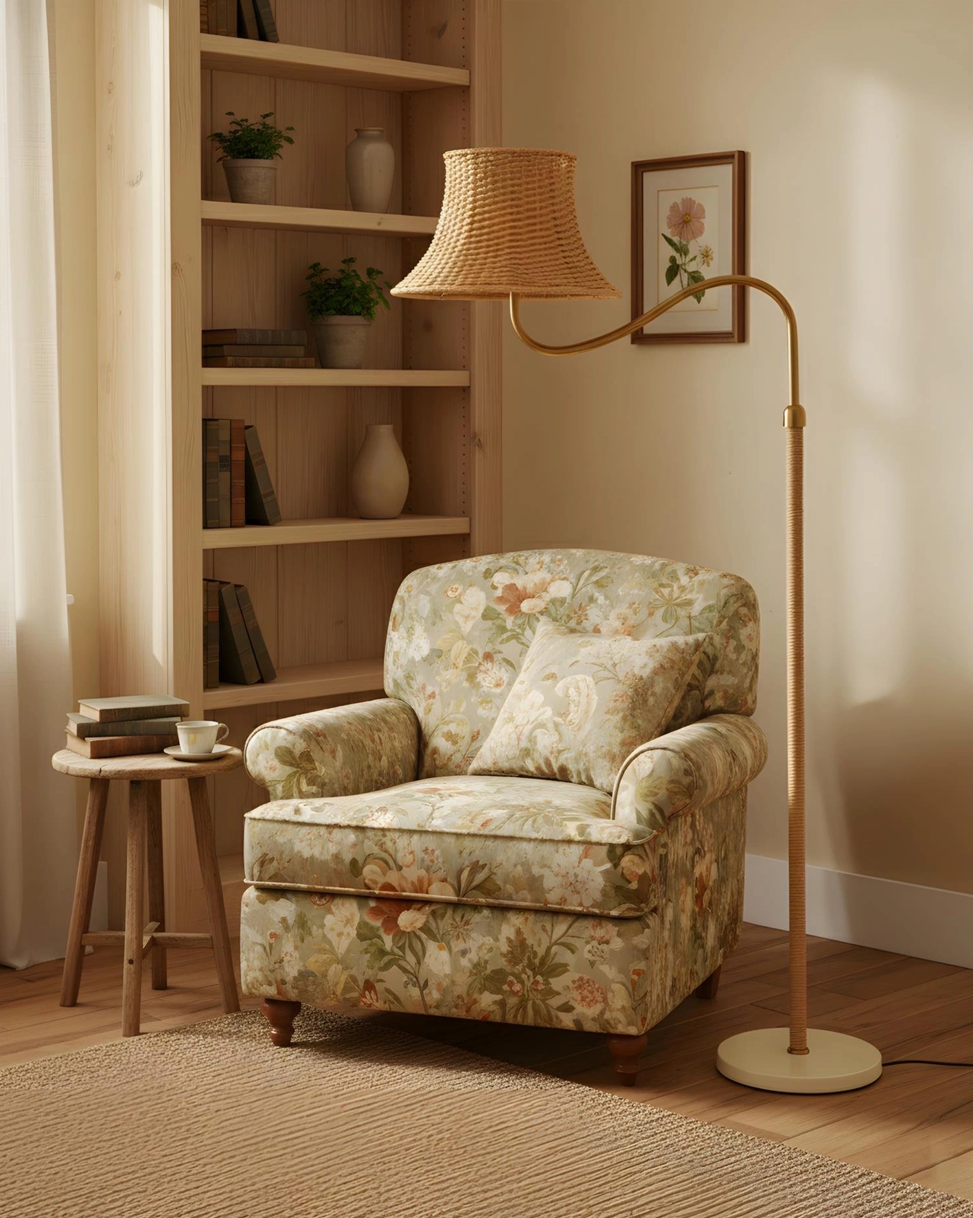 Willowen rattan arc floor lamp in traditional bohemian reading corner with armchair and bookshelf