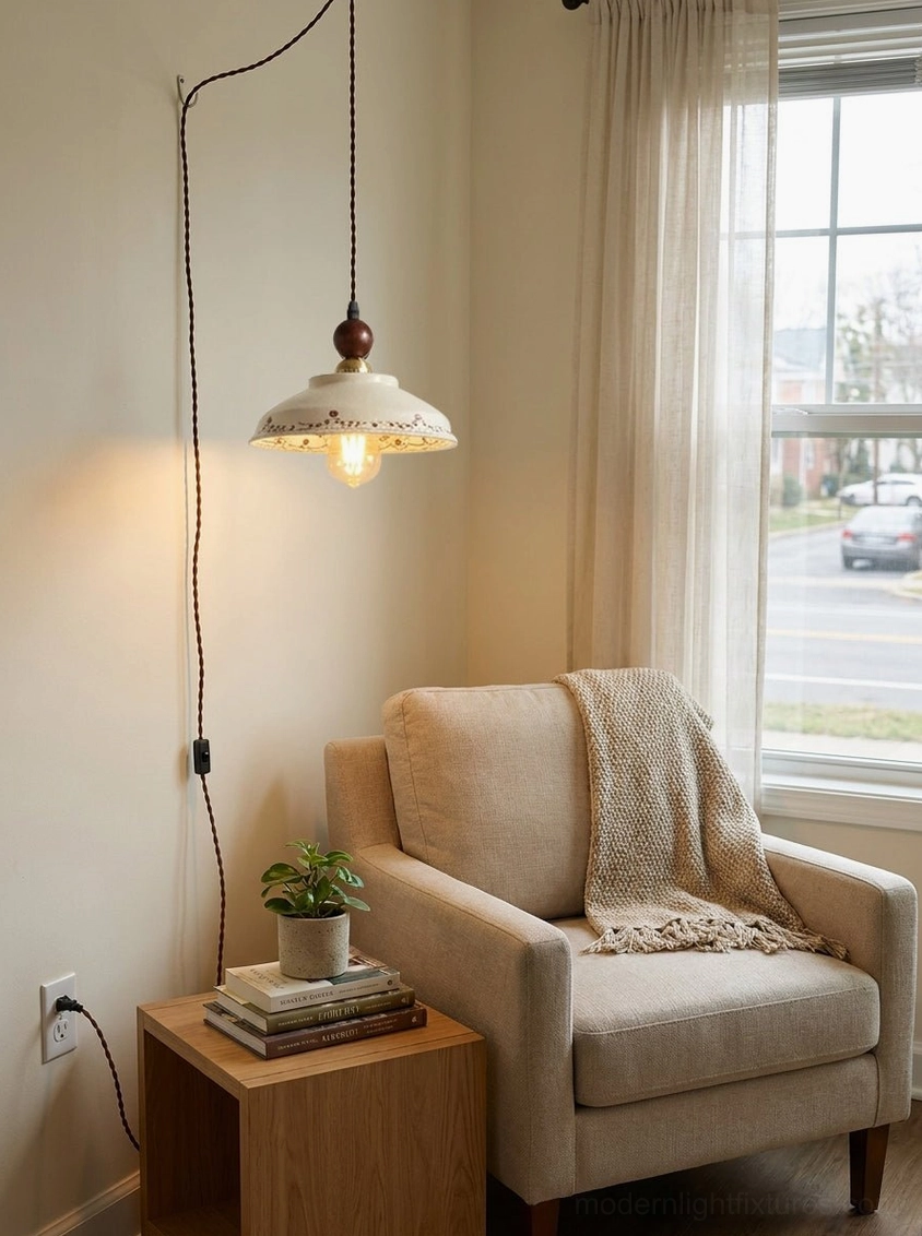 Hand-painted ceramic plug-in pendant in window-side reading nook with neutral vintage rustic decor styling