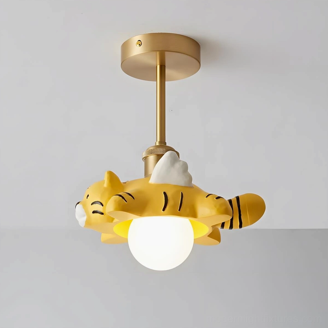 Whimsical winged animal ceiling light fixture product overview showing both color options and resin sculptural craftsmanship