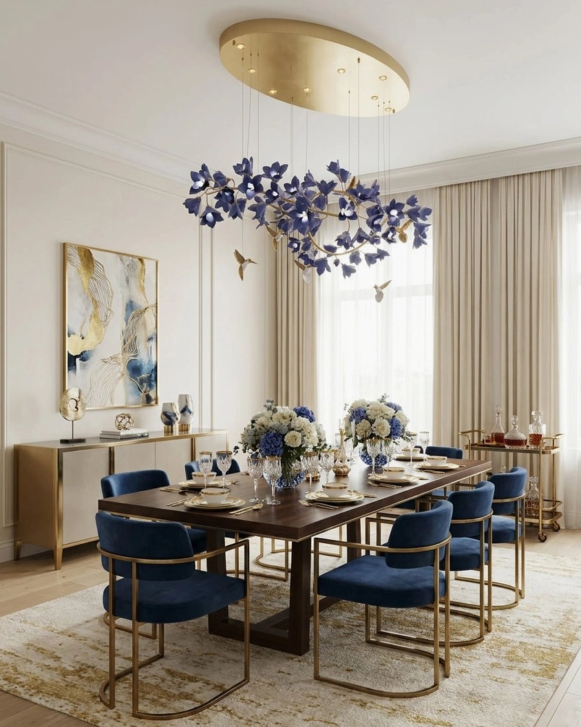 Wistera purple floral chandelier with matching table centerpieces in formal dining setting