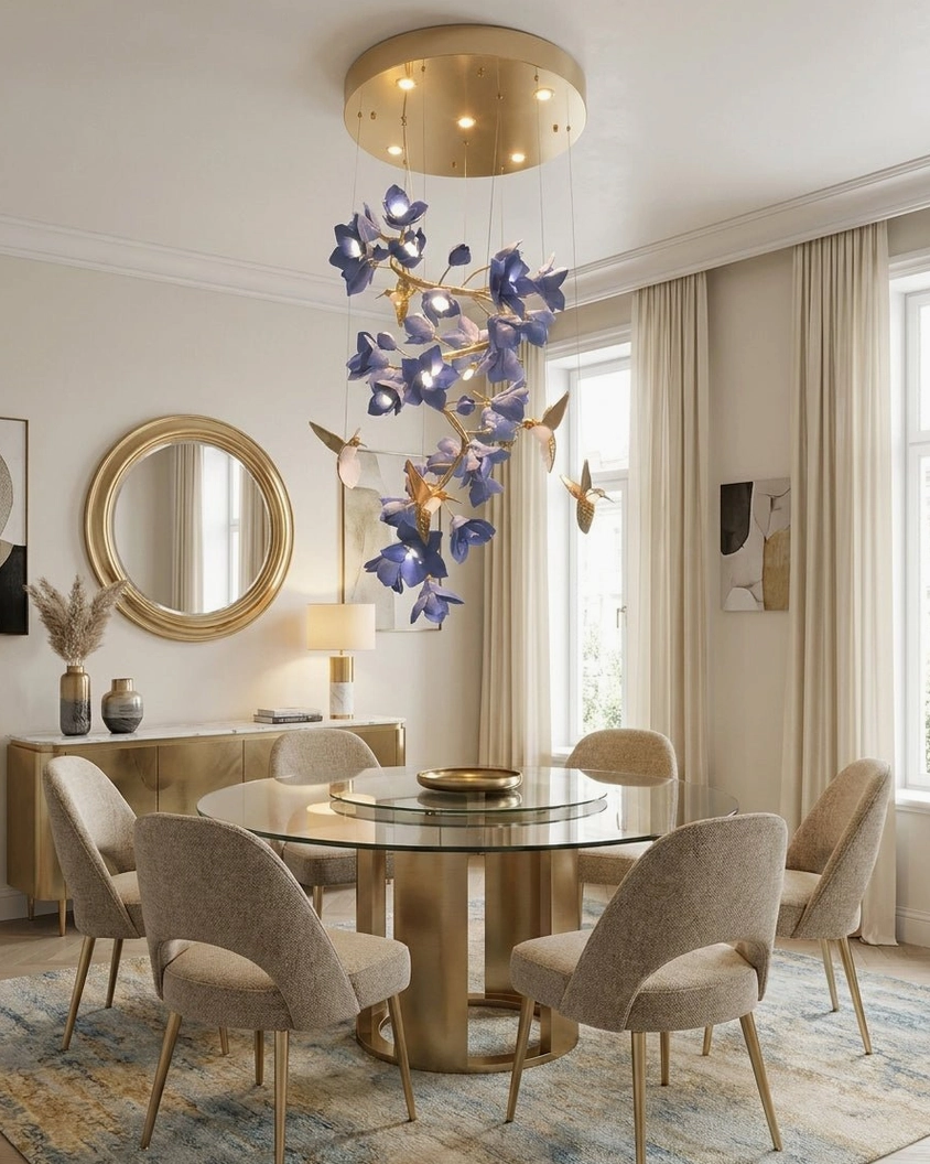 Wistera botanical chandelier detail showing hand-crafted ceramic petal construction and brass branches