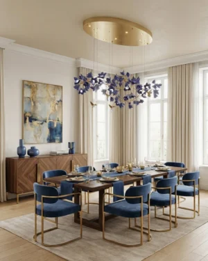 Wistera Chandelier illuminated in formal dining room with blue velvet chairs and gold ceiling canopy