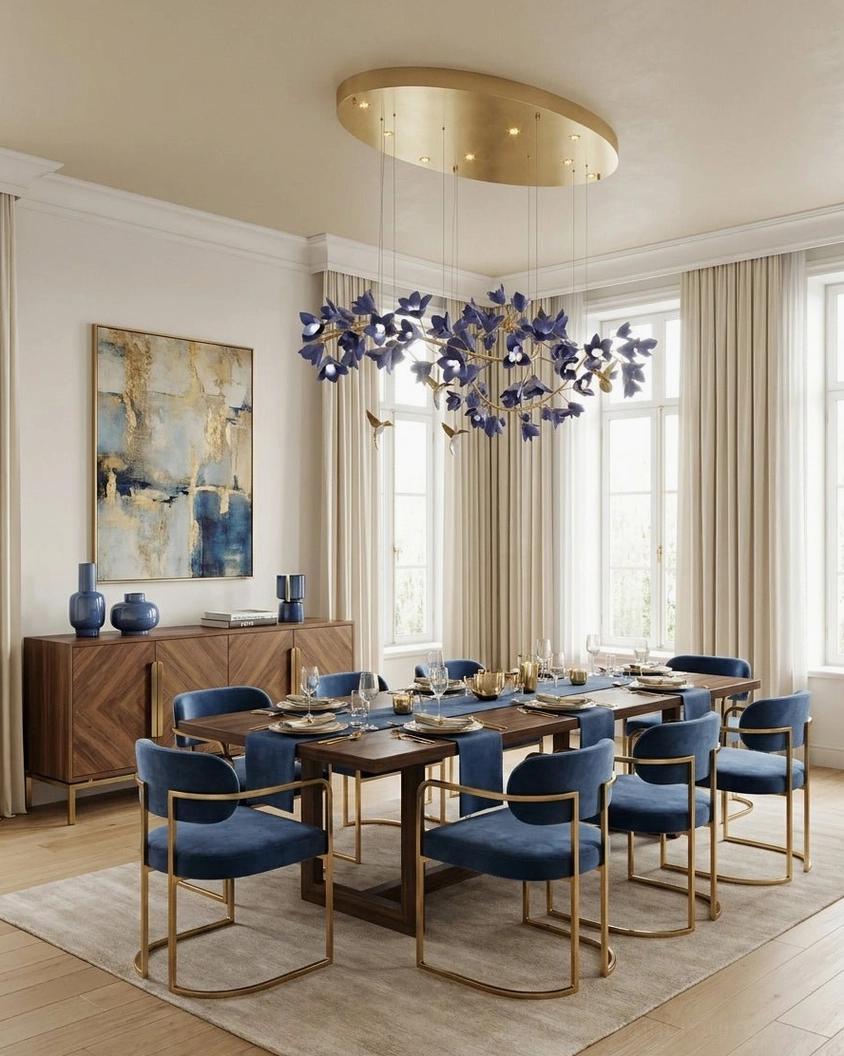 Wistera Chandelier illuminated in formal dining room with blue velvet chairs and gold ceiling canopy