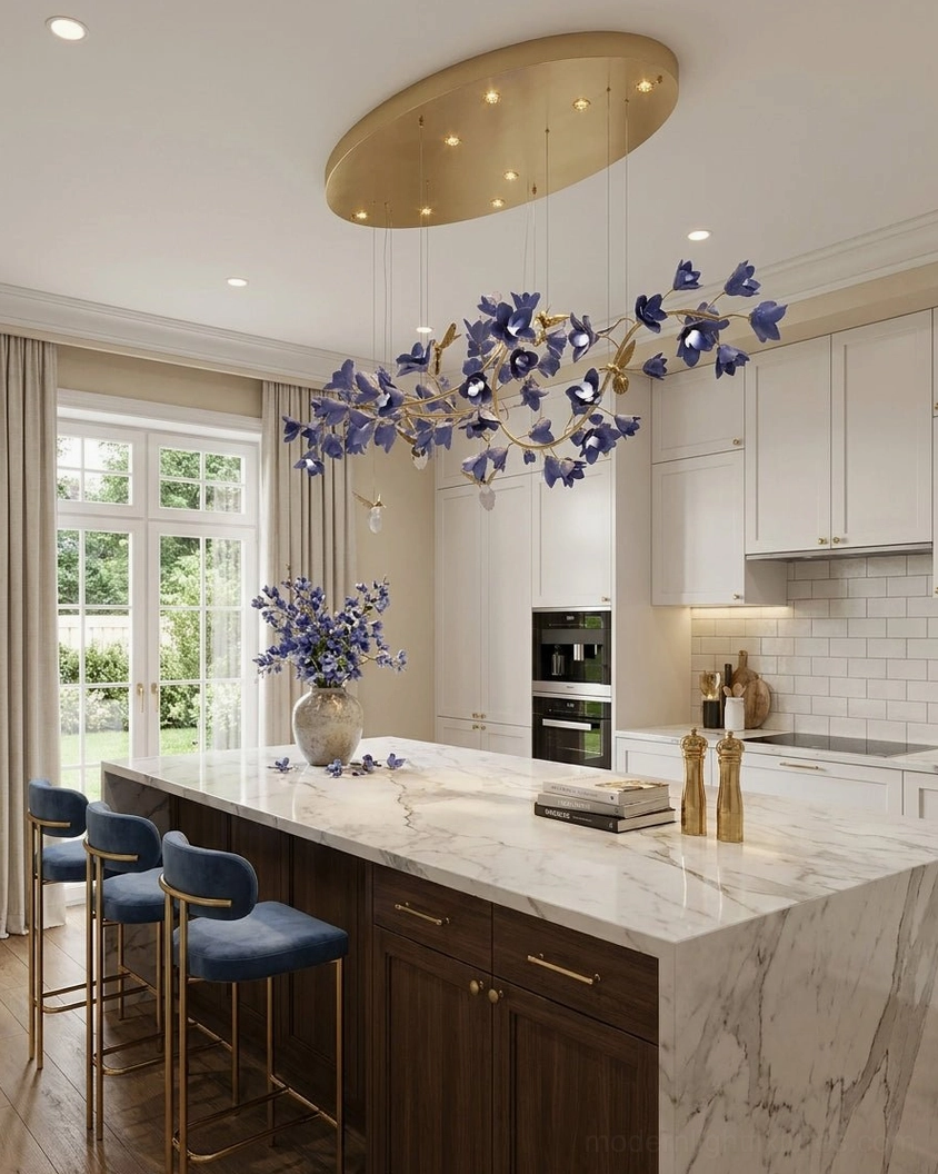 Wistera botanical luxury chandelier installation in high ceiling foyer with double-height architecture