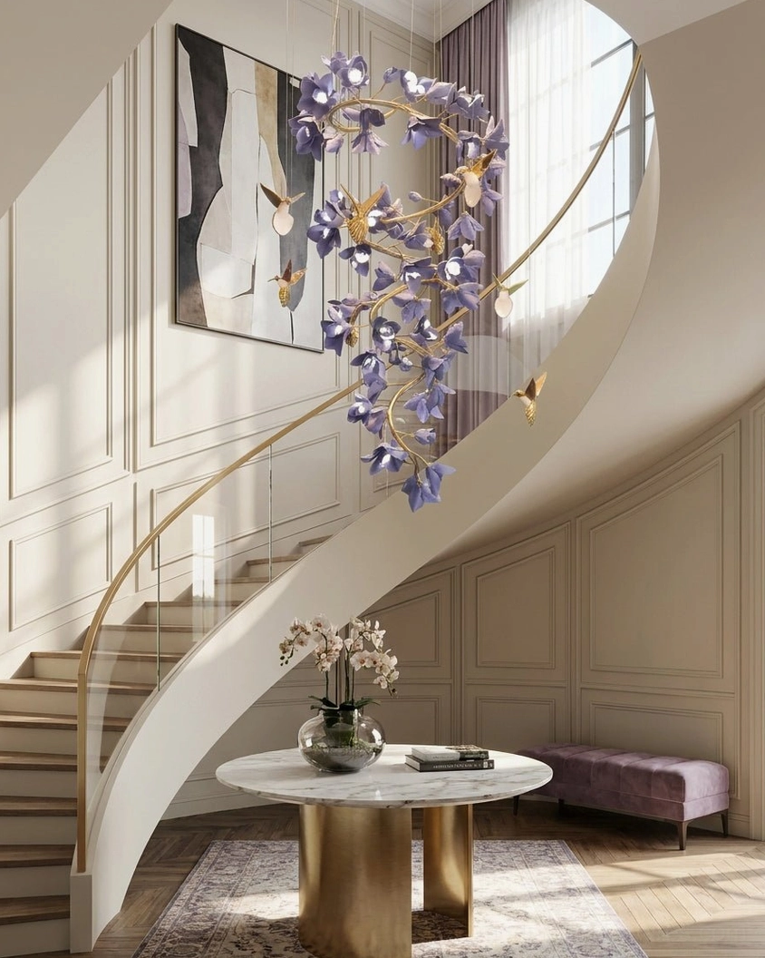 Wistera purple ceramic floral chandelier with warm 3000K illumination creating constellation effect