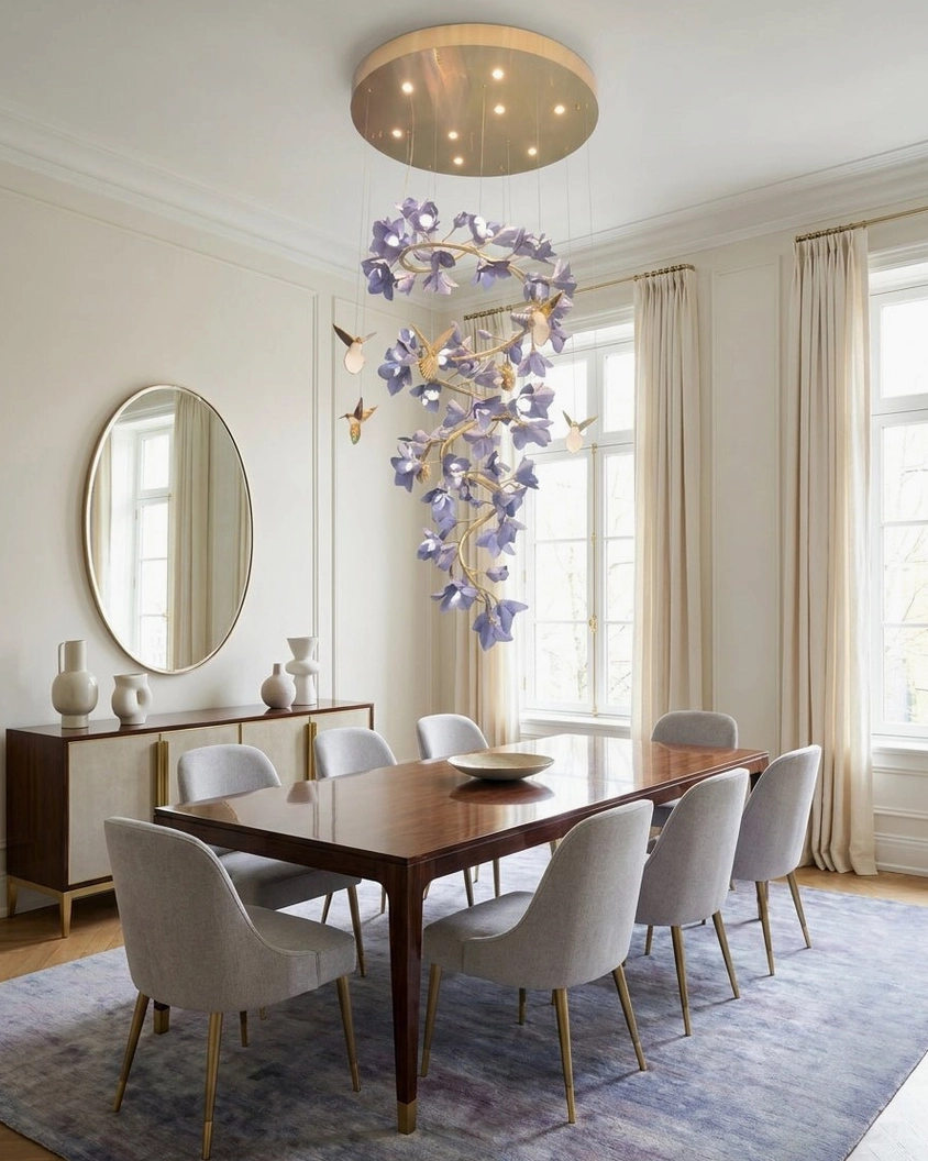 Curved purple floral chandelier with gold metal base in minimalist luxury dining space