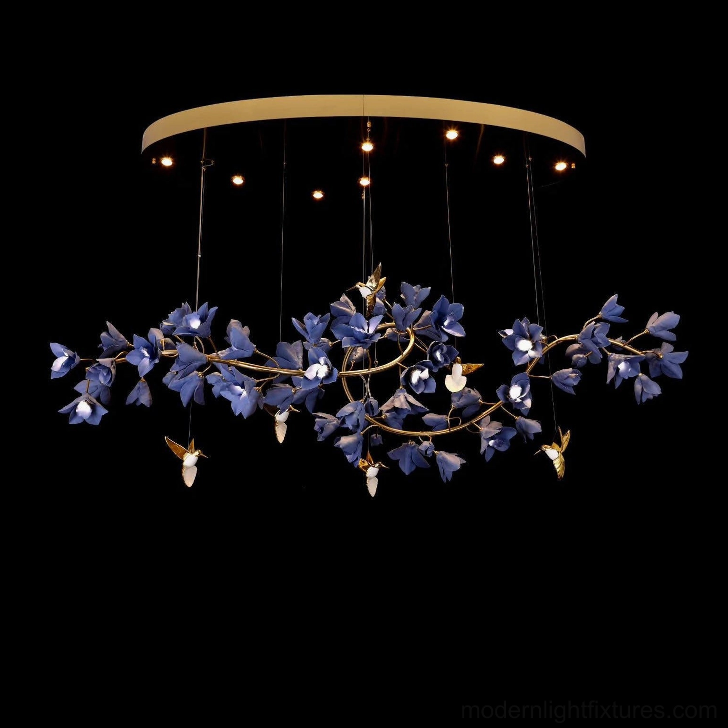 Wistera purple floral chandelier overhead view showcasing full petal arrangement and G4 light points