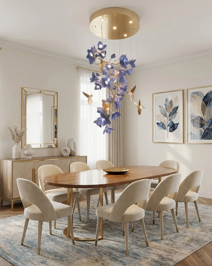 Large botanical brass chandelier in rectangular dining space with neutral luxury decor