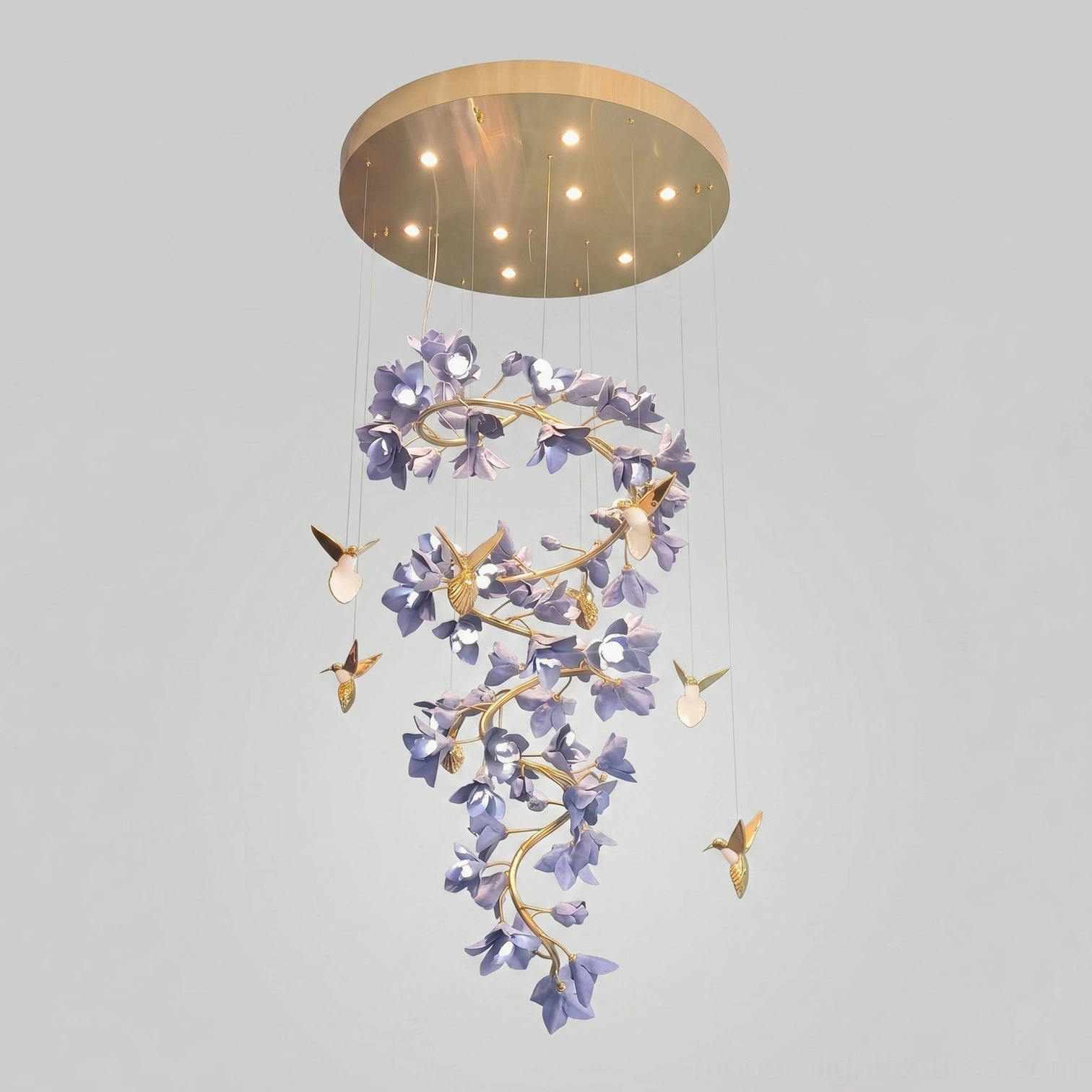 Grand Round Spiral Wistera Chandelier Dia90cm height 180cm brass purple botanical design