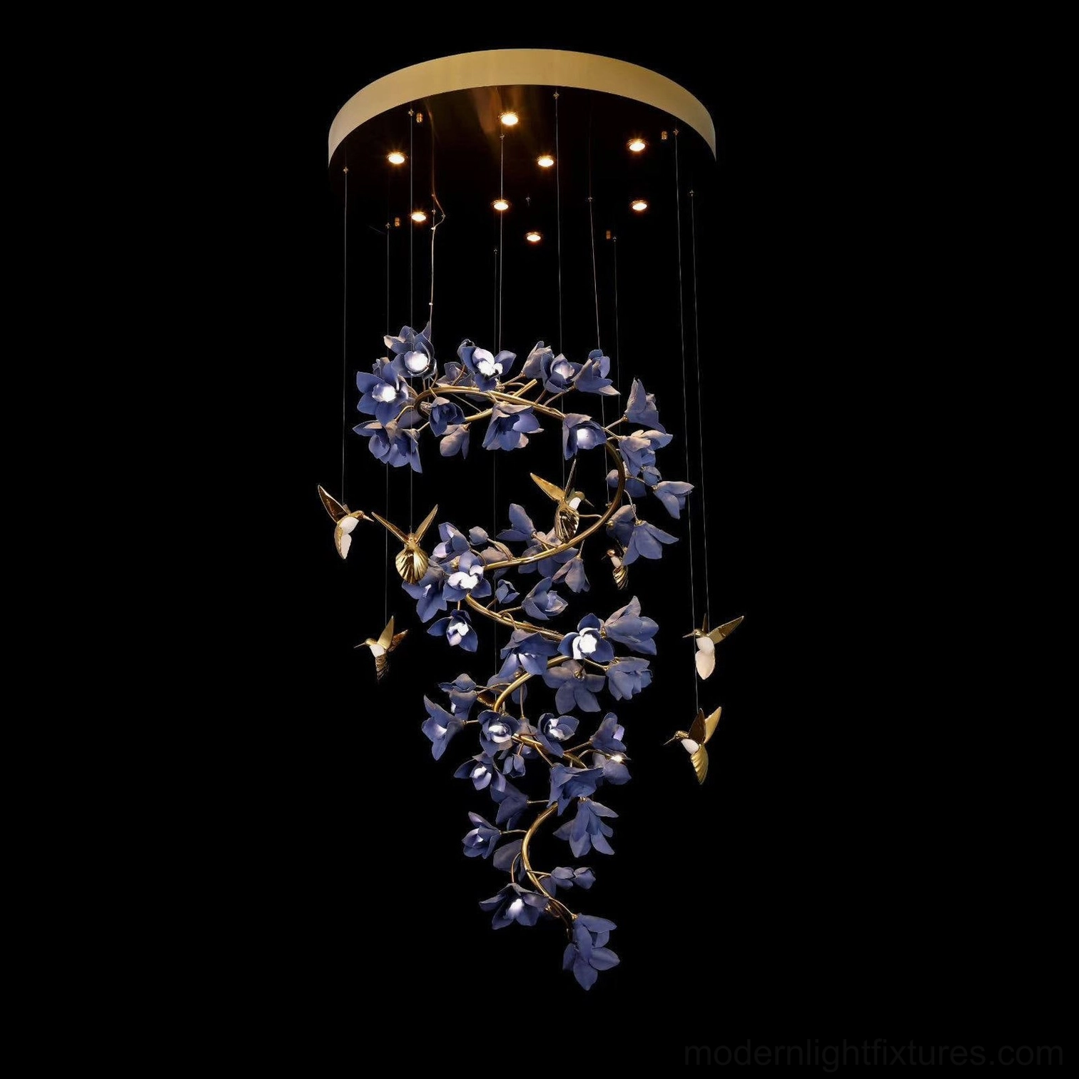 Wistera chandelier copper hummingbird accent detail on brass branch framework