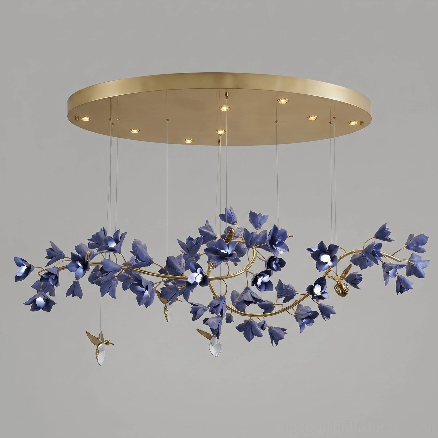 Linear Flow Wistera Chandelier L74.8″ x W21.6″ configuration with brass and purple finish
