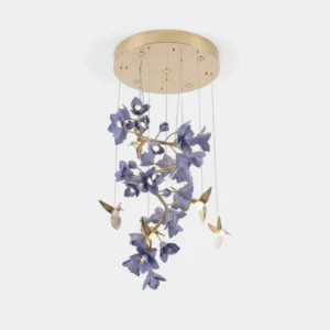 Wistera Purple Floral Chandelier with hand-crafted ceramic petals and brass branches, studio product shot