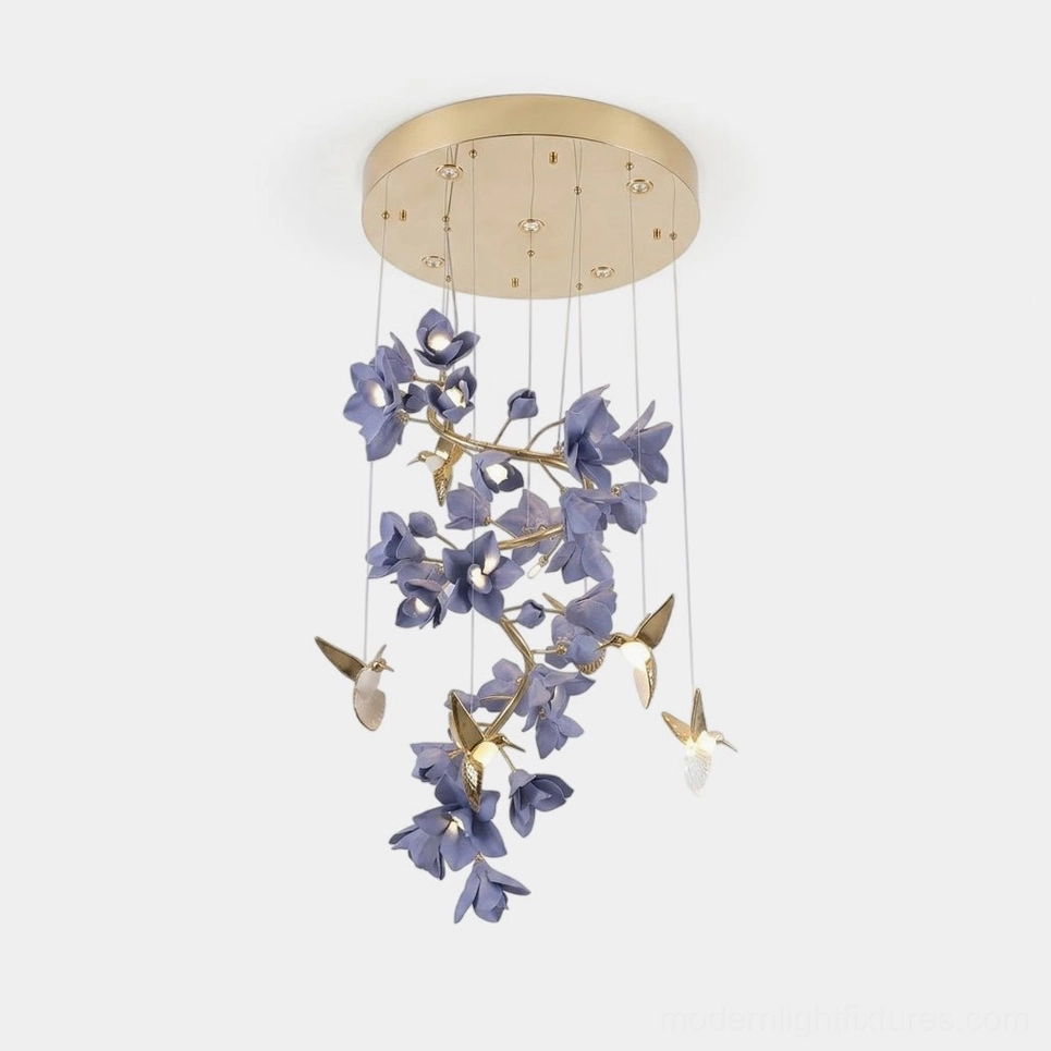 Wistera Purple Floral Chandelier with hand-crafted ceramic petals and brass branches, studio product shot