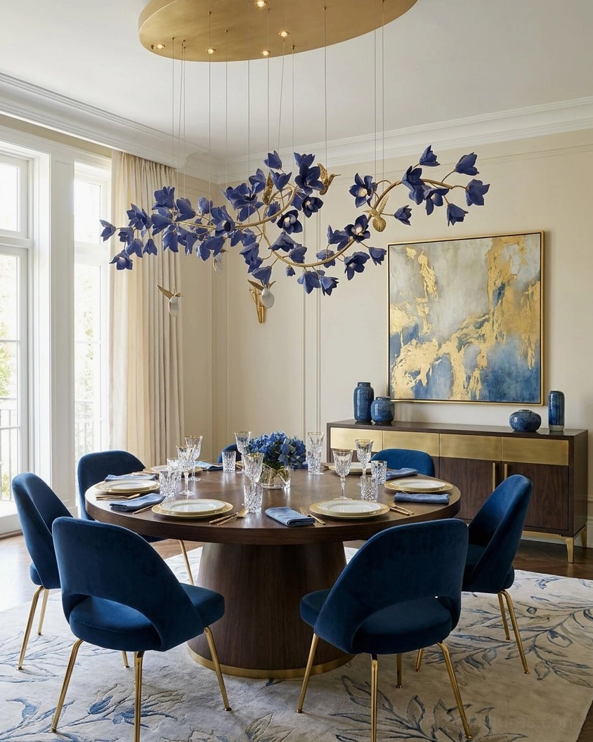 Wistera blue floral gold chandelier in formal round dining room with velvet seating