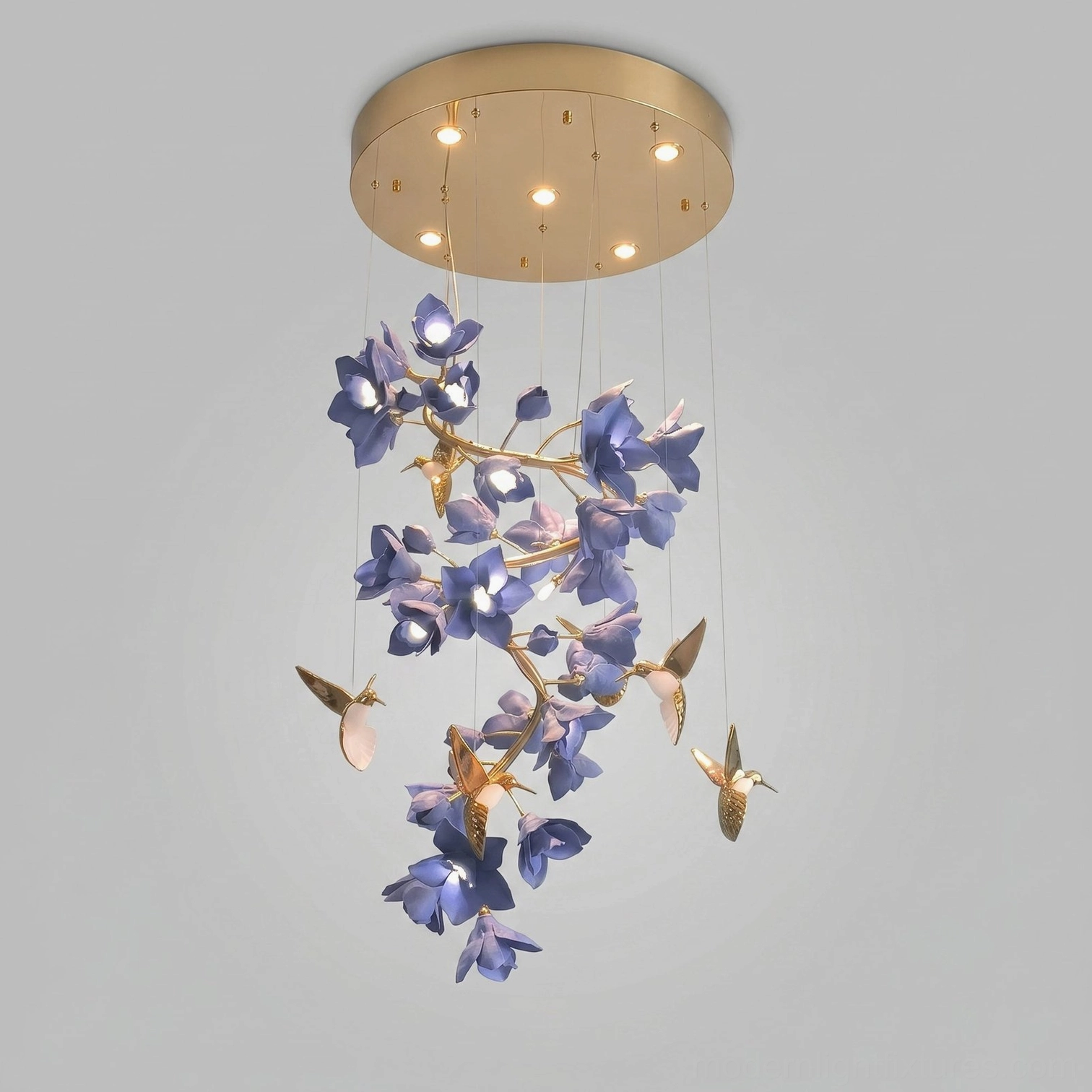 Small Round Spiral Wistera Chandelier Dia60cm height 130cm brass purple ceramic petals