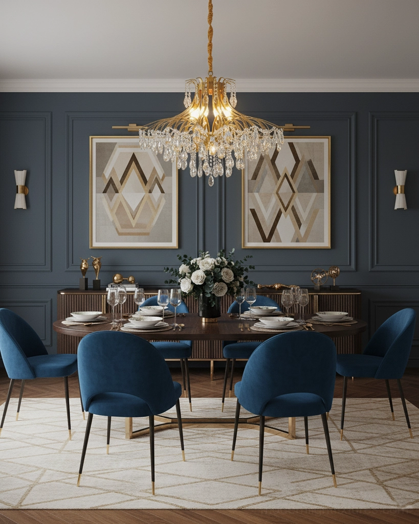 Wisteria inspired chandelier with sweeping gold arms and hanging crystal droplets ambient lighting effect