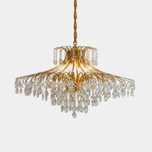 Gold crystal wisteria chandelier front view studio display with cascading clear crystal droplets