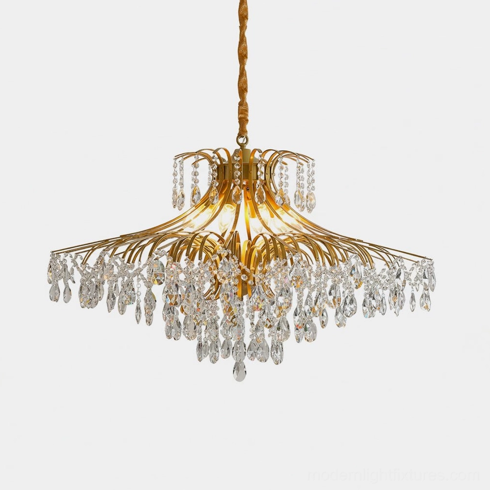 Gold crystal wisteria chandelier front view studio display with cascading clear crystal droplets