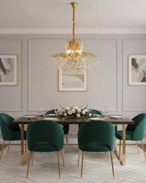 Luxury crystal chandelier installed in formal dining room with muted grey walls and elegant table setting