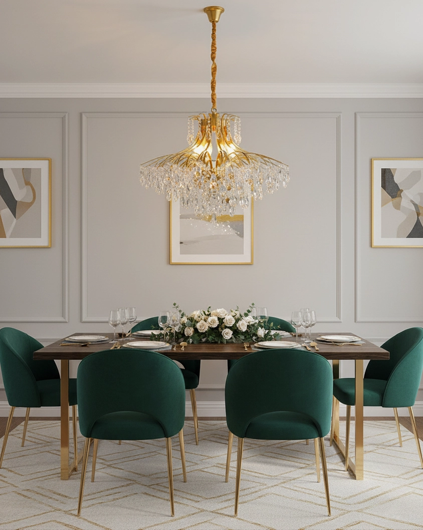 Luxury crystal chandelier installed in formal dining room with muted grey walls and elegant table setting