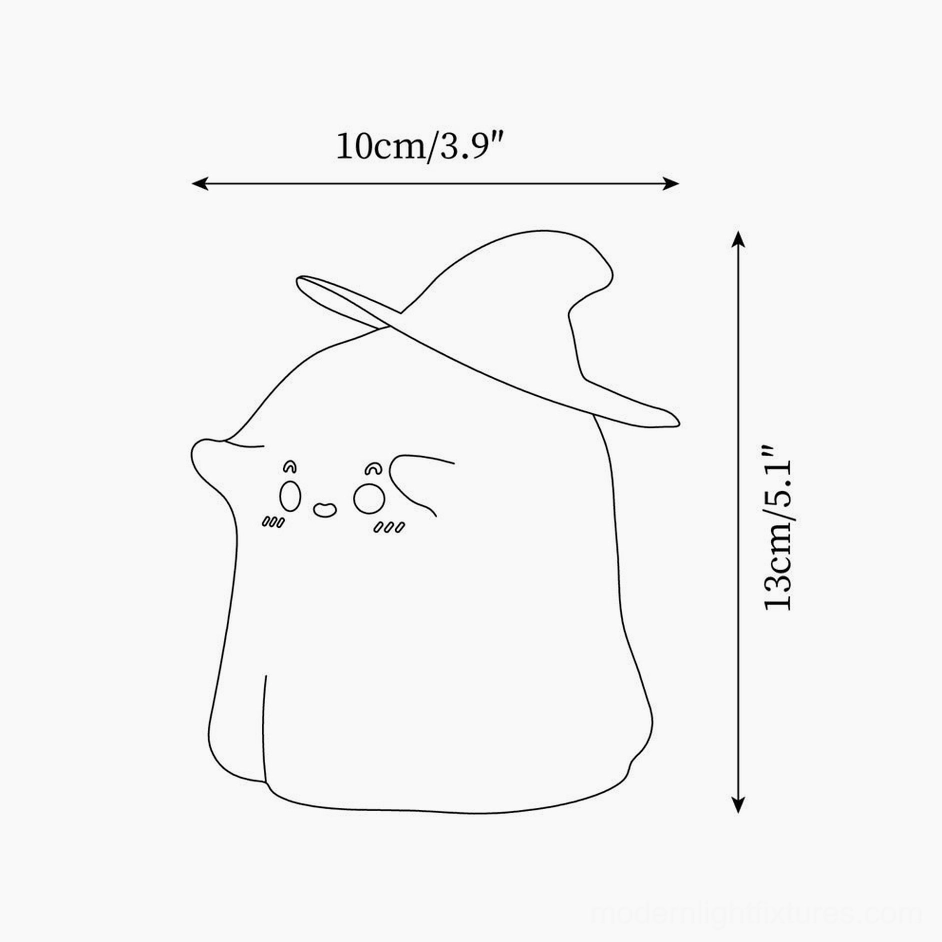 Technical schematic drawing of enchanted witch ghost night light with dimension specifications
