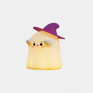 Enchanted witch ghost night light with purple hat on white background, showing warm 3000K LED glow