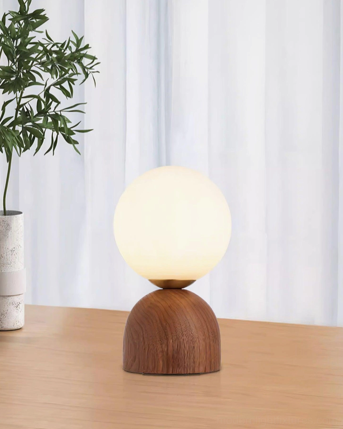 Wood base globe table lamp frosted shade compact size modern home lighting solution