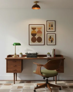 Semi-flush mount wood ceiling light fixture installed in home office creating warm ambient light