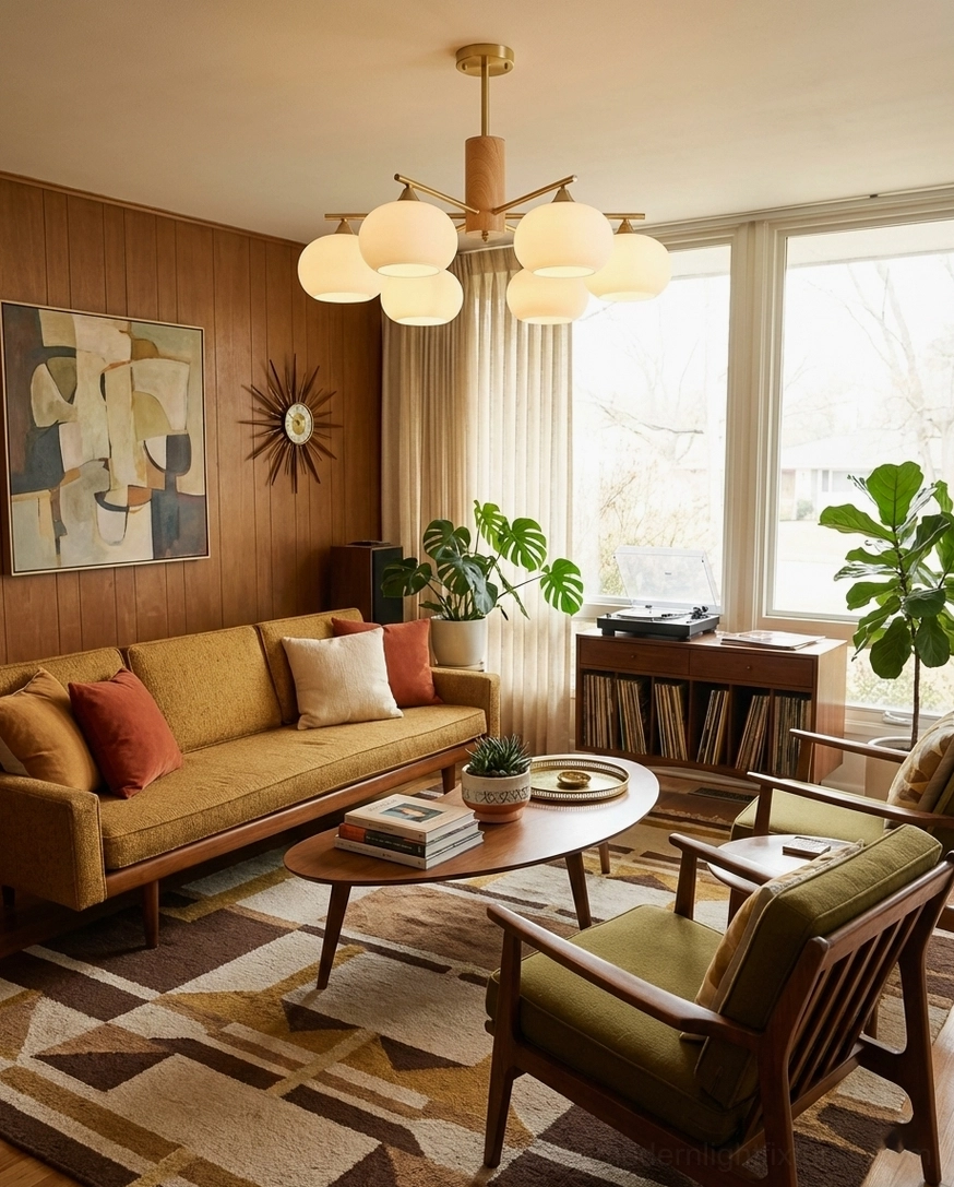 8-head wood brass glass chandelier glowing in mid-century modern living room with warm ambient light
