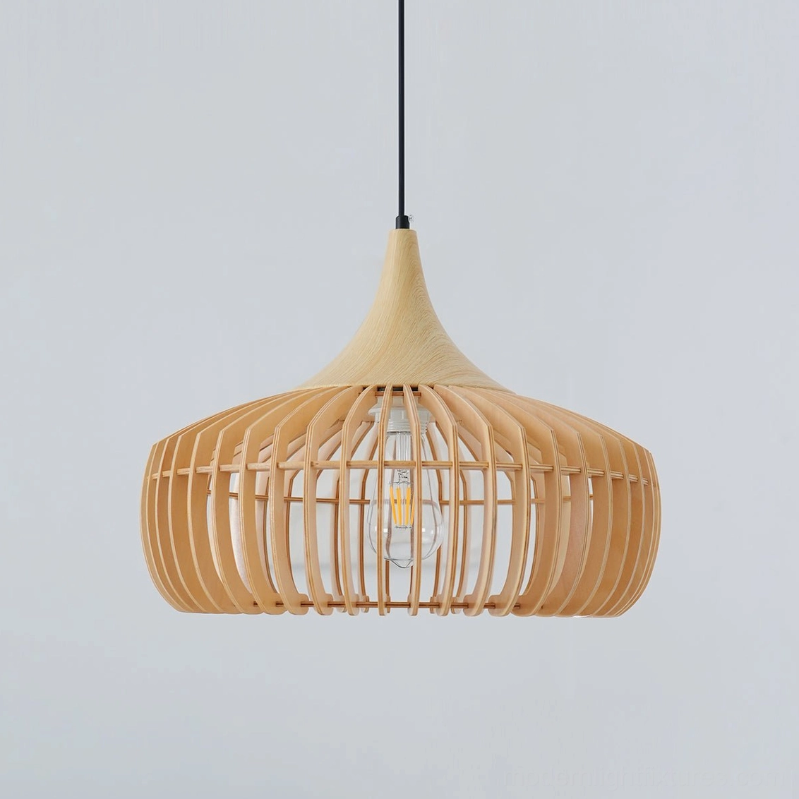 Japandi wood cage pendant lamp with exposed vintage bulb, three-quarter perspective on gray background