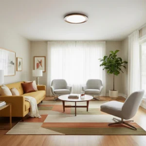 Walnut wood grain round ceiling light fixture installed in contemporary living room with warm ambient lighting