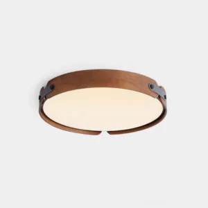 Modern wood ceiling light with integrated LED, front view on white background