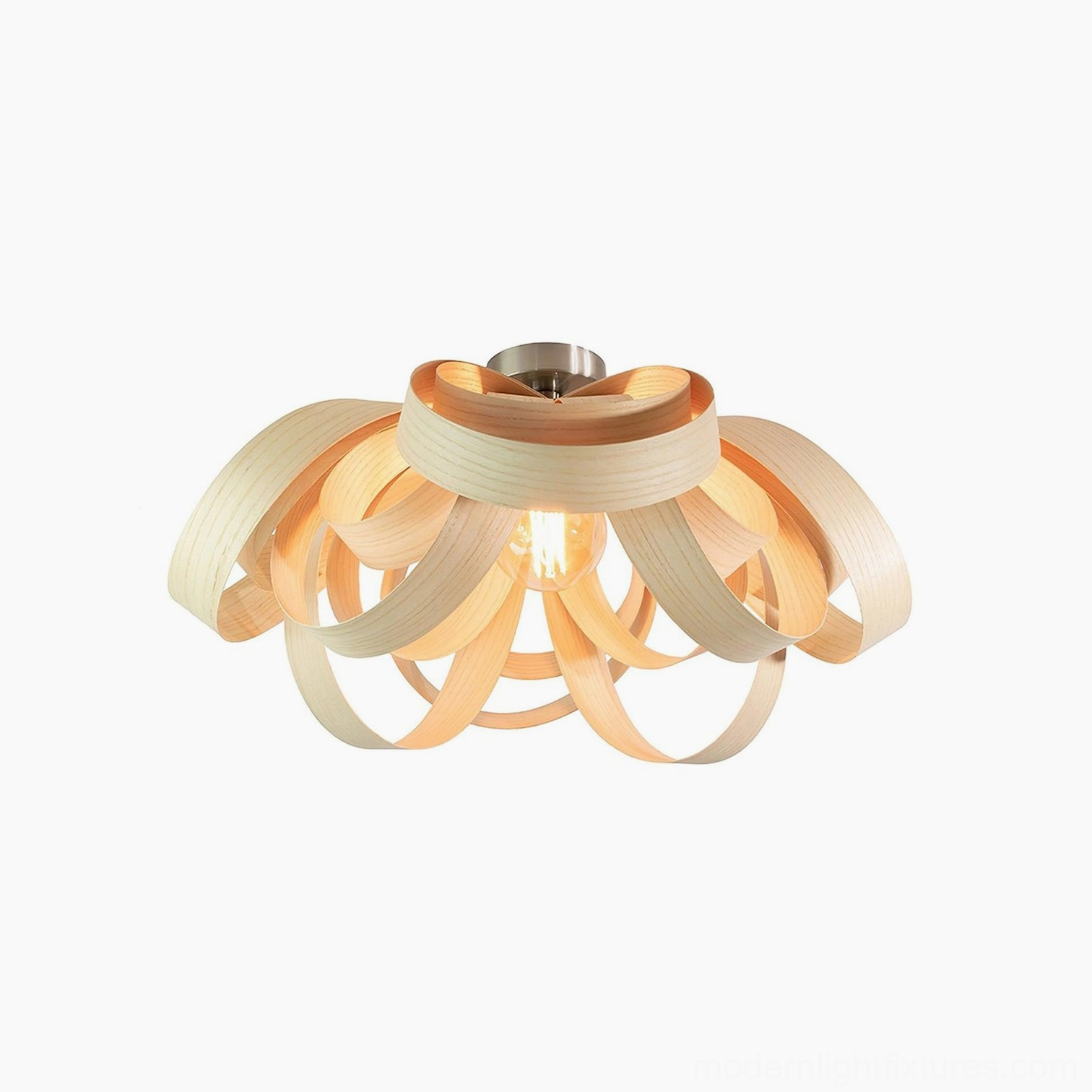 Hand-crafted wood petal ceiling fixture shadow pattern illumination