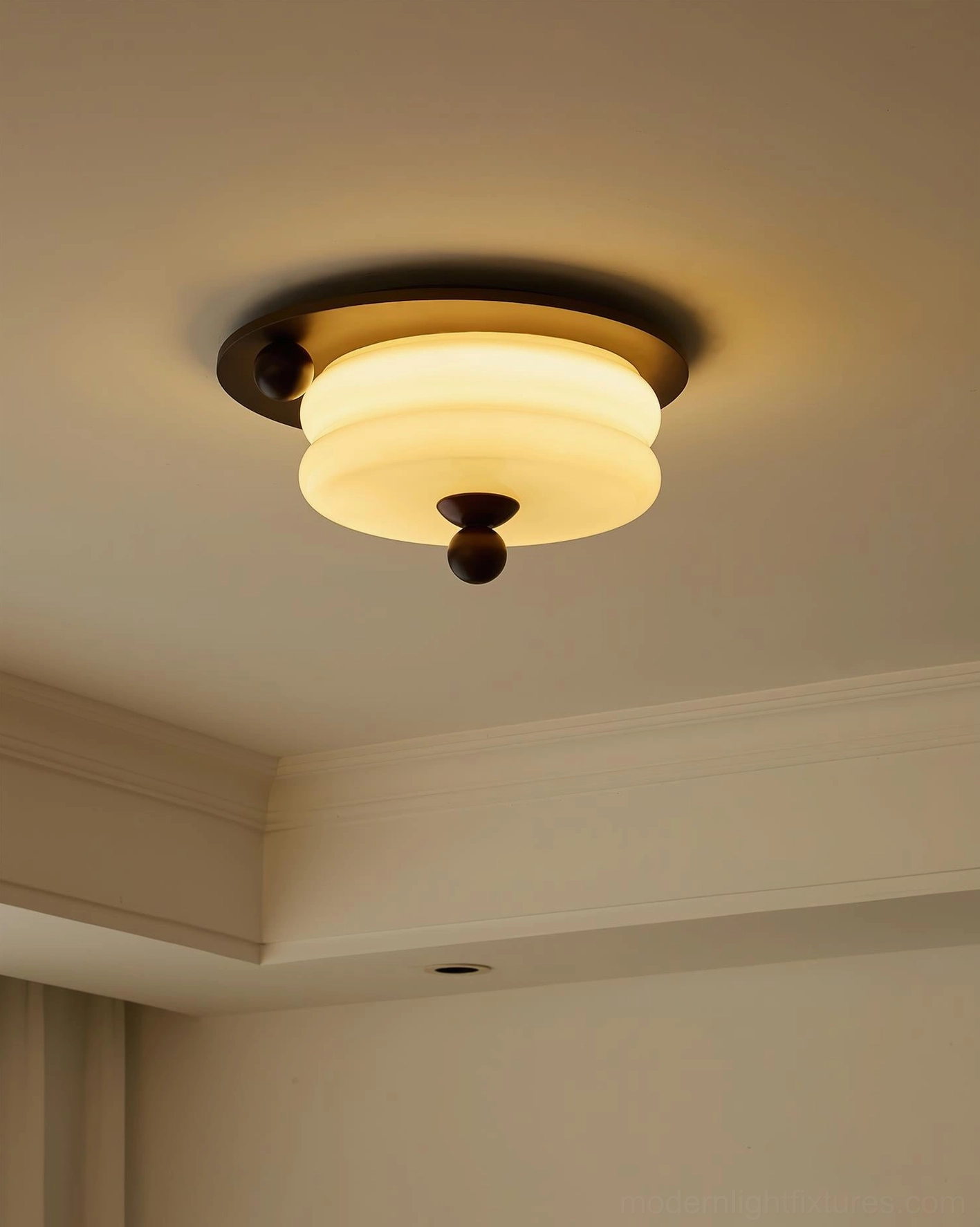 Walnut and beige wood ceiling light fixture options showing both finish colorways
