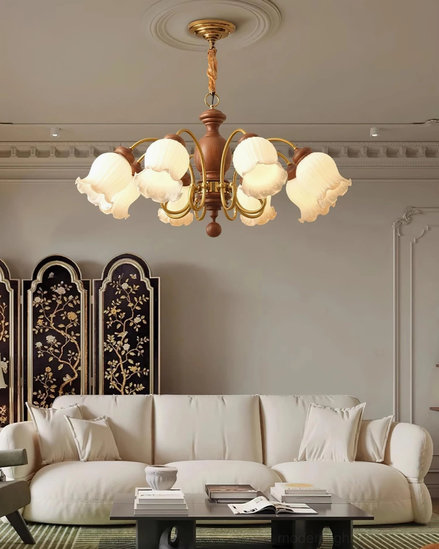 Vintage wood chandelier close-up showing white glass petals and wooden center column detail