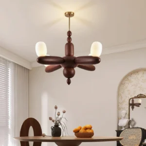 Stanza wood chandelier in modern dining room setting with warm rustic home decor and neutral interior styling