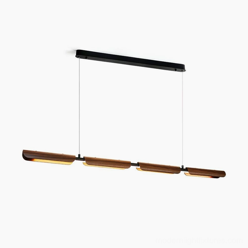 Linear walnut wood chandelier with black metal frame modern minimalist pendant light design studio shot