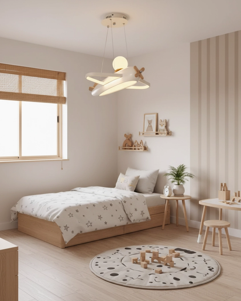Wood color airplane pendant light integrated LED 50000 hour lifespan shown in natural finish children's bedroom