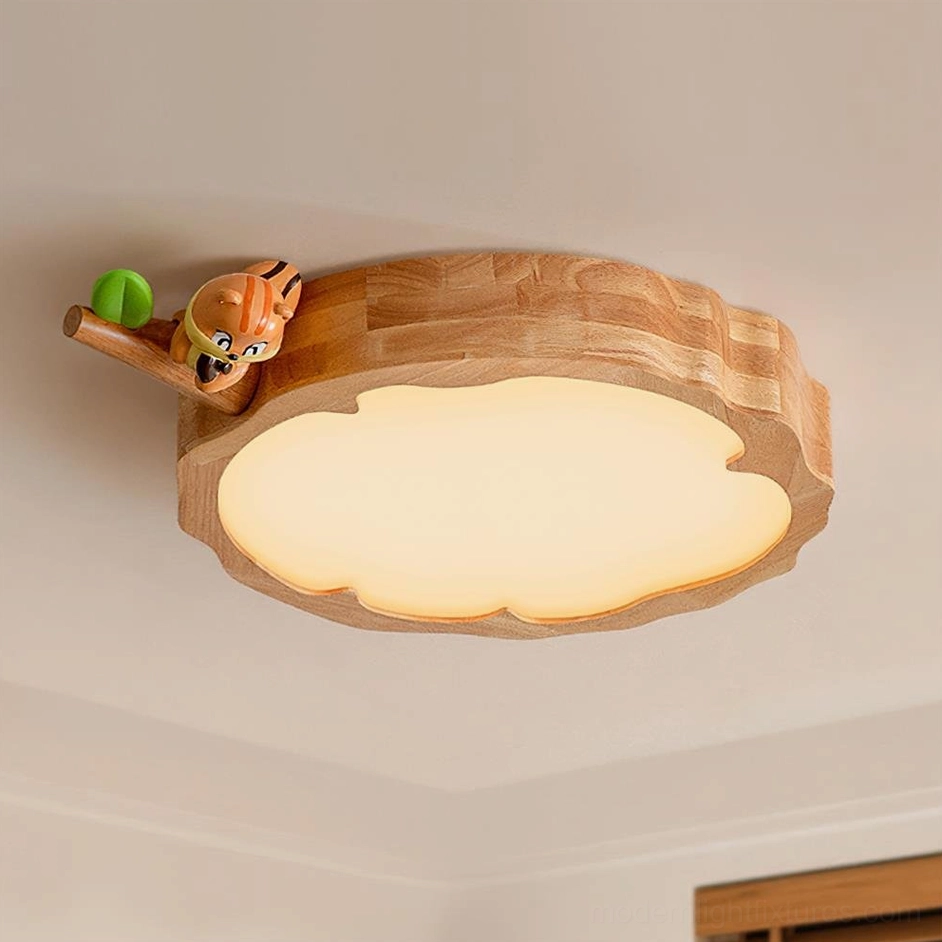 Wood color animal ceiling lamp model featuring cute figurine and warm 3000K damp-rated LED technology