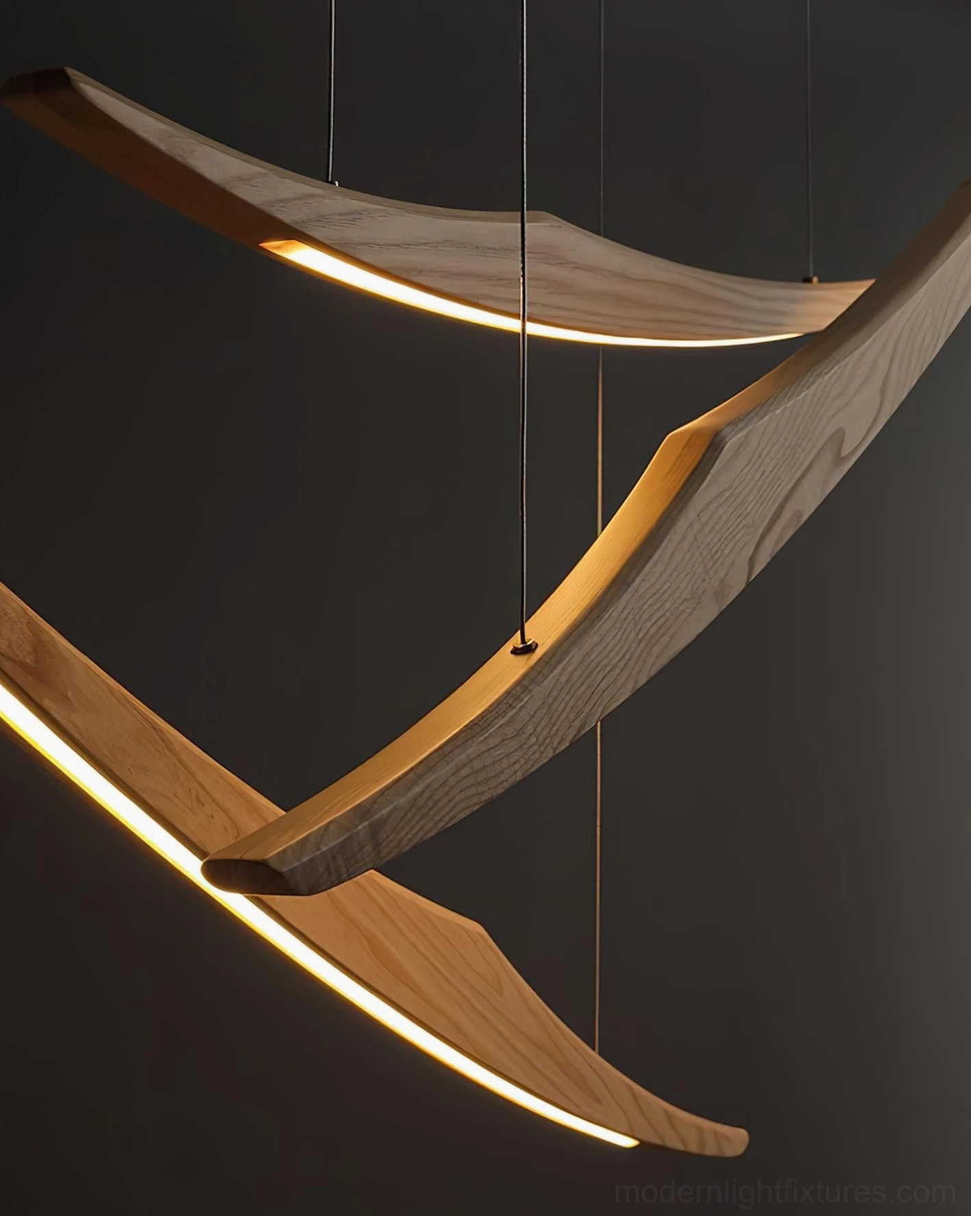 Natural wood color kinetic arc suspension light showing organic material aesthetic
