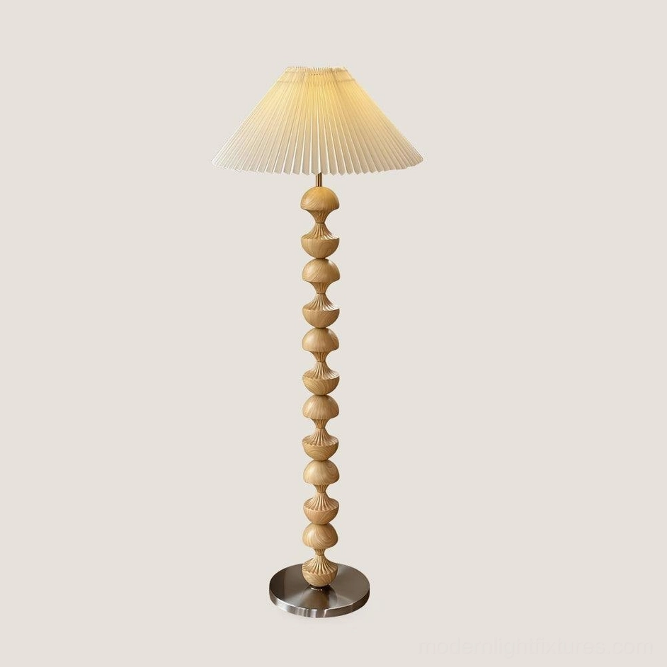 Natural wood color variant of beaded wood floor lamp available with US UK EU AU plug options for global compatibility and use
