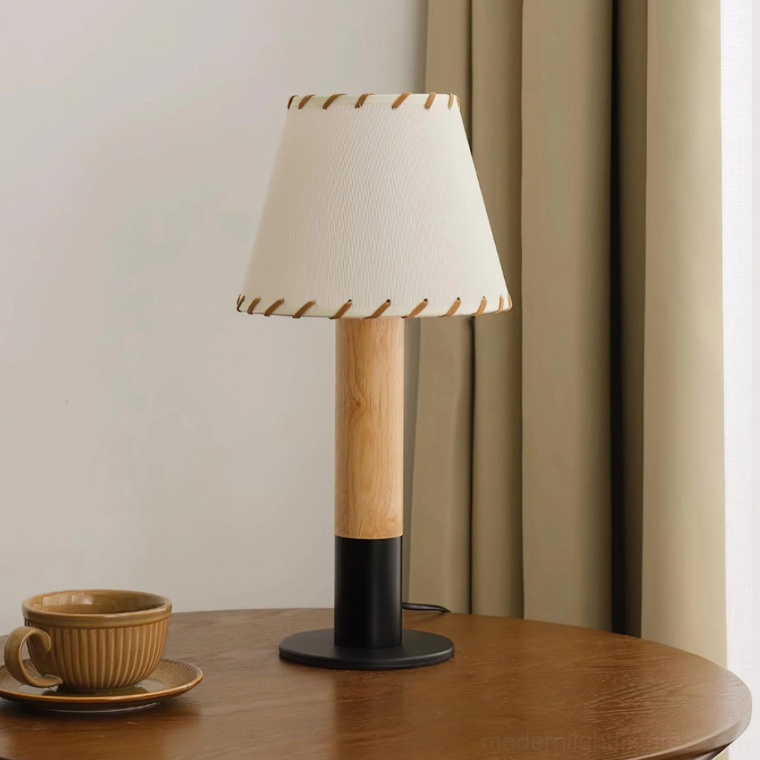 Harmonie table lamp wood color and black fabric base variant with E26 E27 socket compatibility