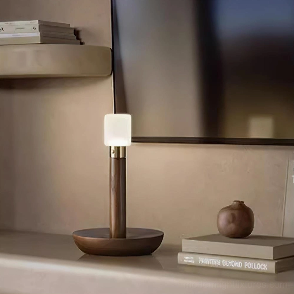 Wood color natural finish wooden table lamp bohemian eclectic interior design greenery accessories