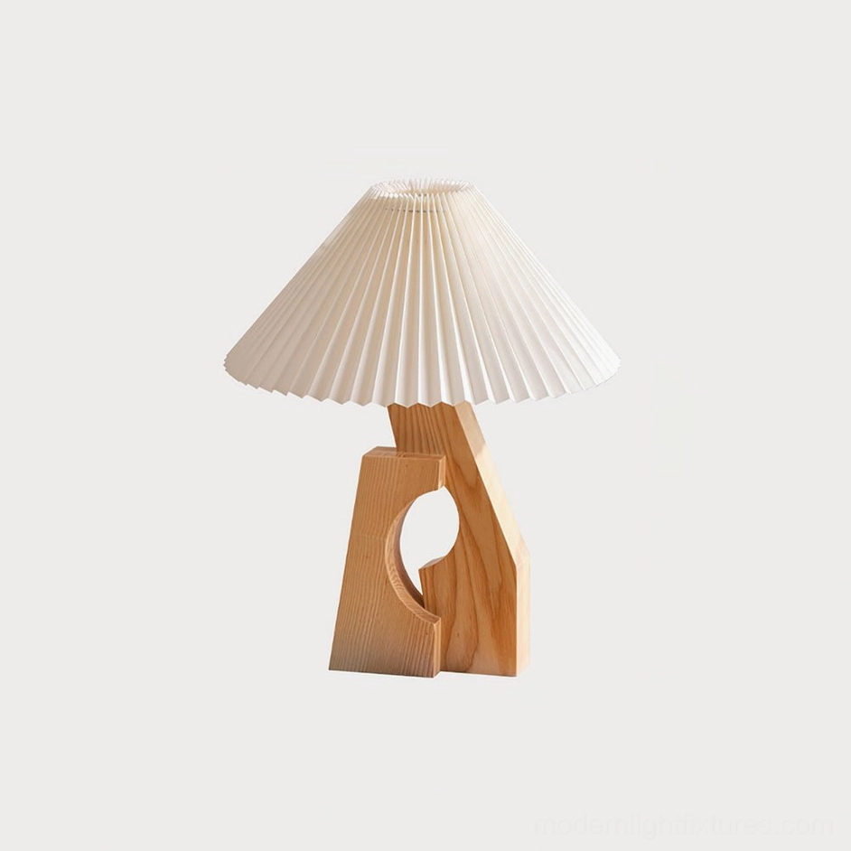 Pleated fabric table lamp wood color natural base and white shade, modern minimalist design showcase