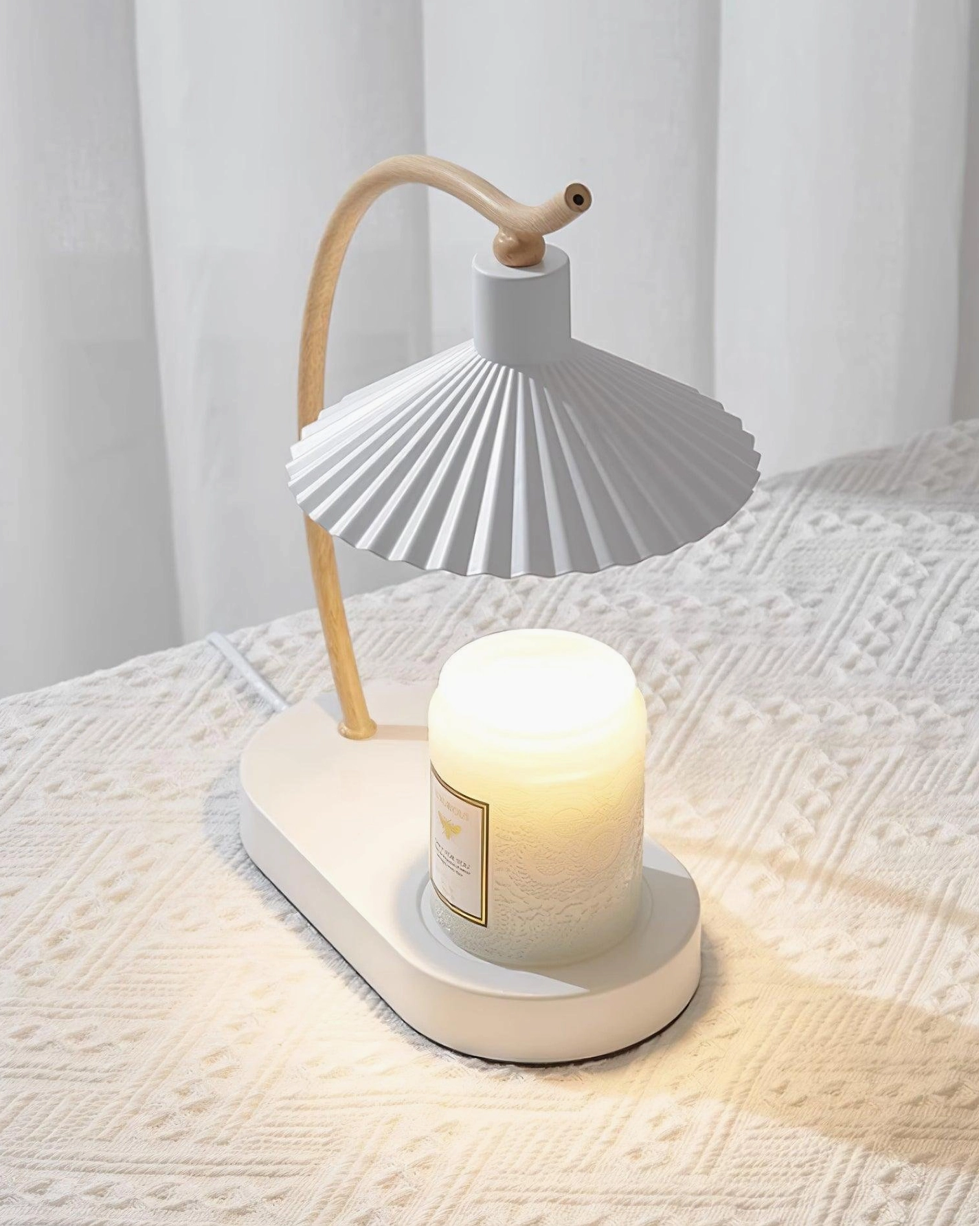 White wood finish pleated table lamp contemporary home office lighting
