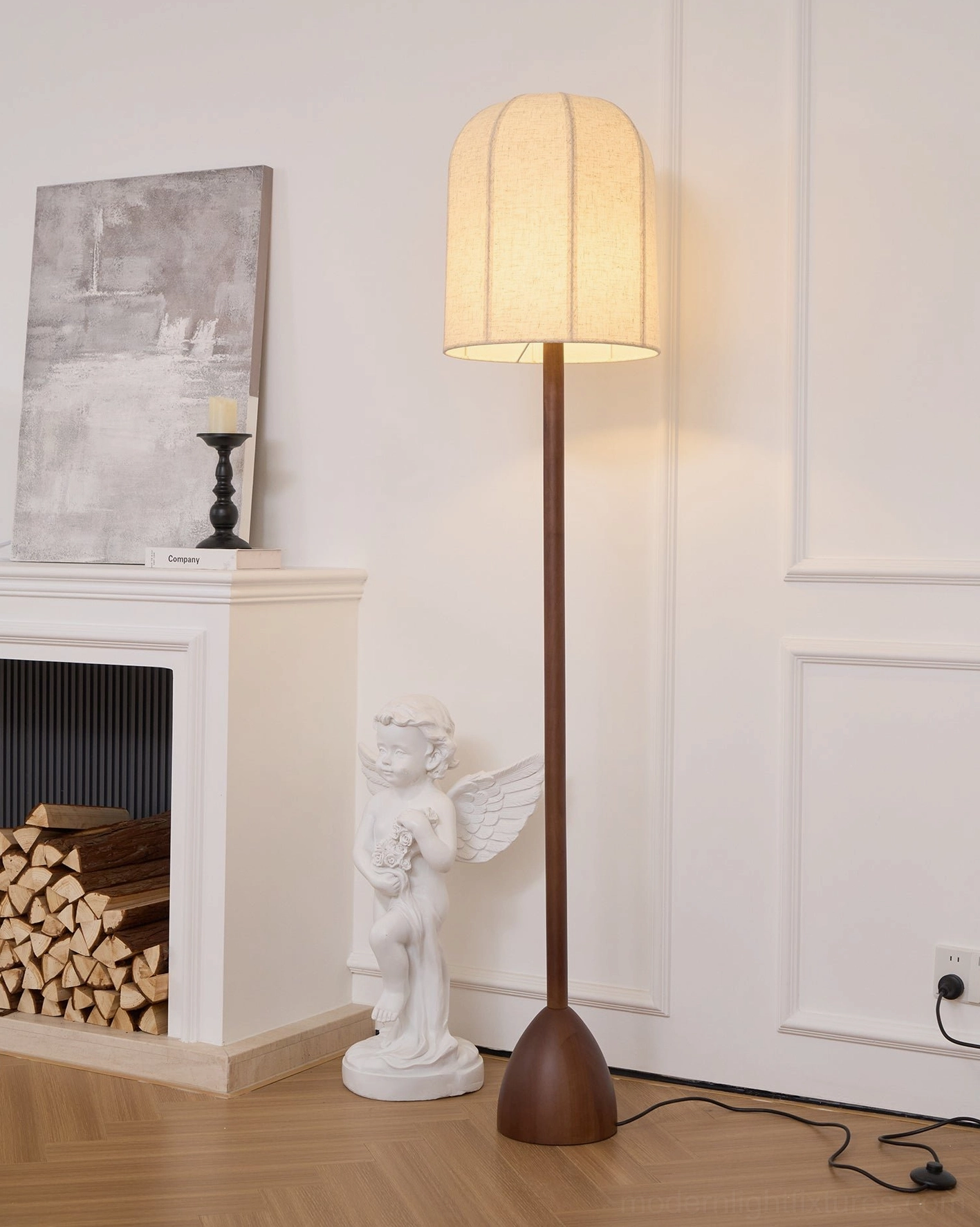 Modern wood floor lamp detail view - solid wood construction and linen shade craftsmanship