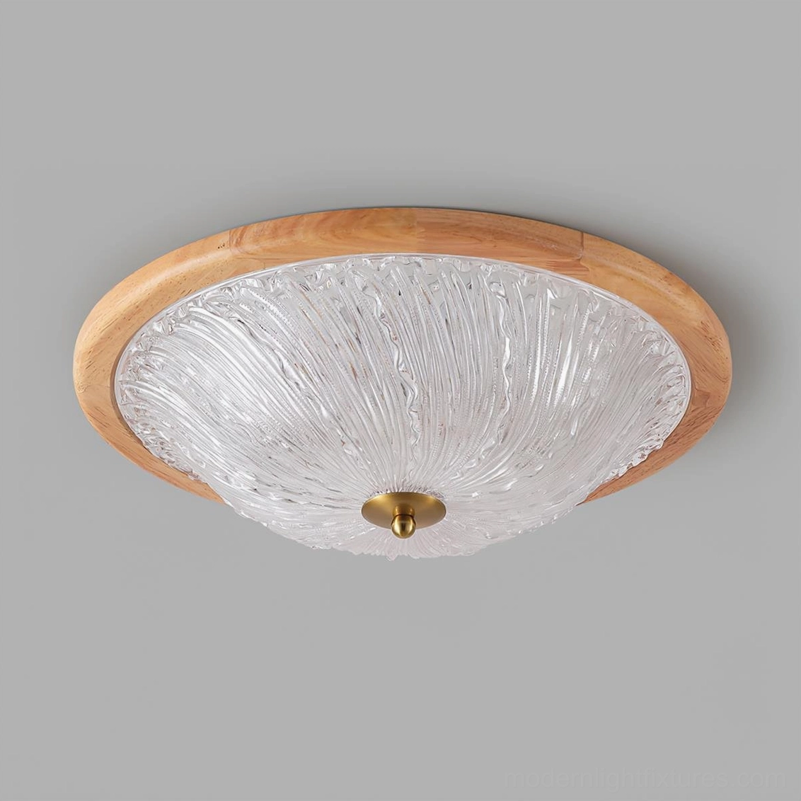 Natural wood frame ripple ceiling light with clear acrylic diffuser and brass hardware accent - studio view